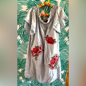 a.n.a soft denim off the shoulder mini dress with embroidered flour detail small